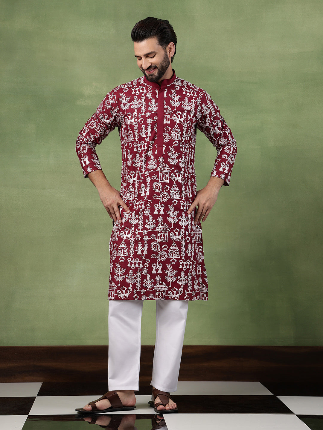 Men's Cotton Warli Embroidered Maroon Long Kurta