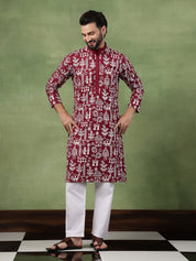 Men's Cotton Warli Embroidered Maroon Long Kurta