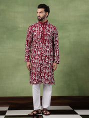 Men's Cotton Warli Embroidered Maroon Long Kurta
