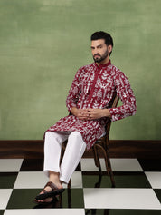 Men's Cotton Warli Embroidered Maroon Kurta With White Pyjama