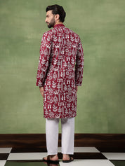 Men's Cotton Warli Embroidered Maroon Kurta With White Pyjama