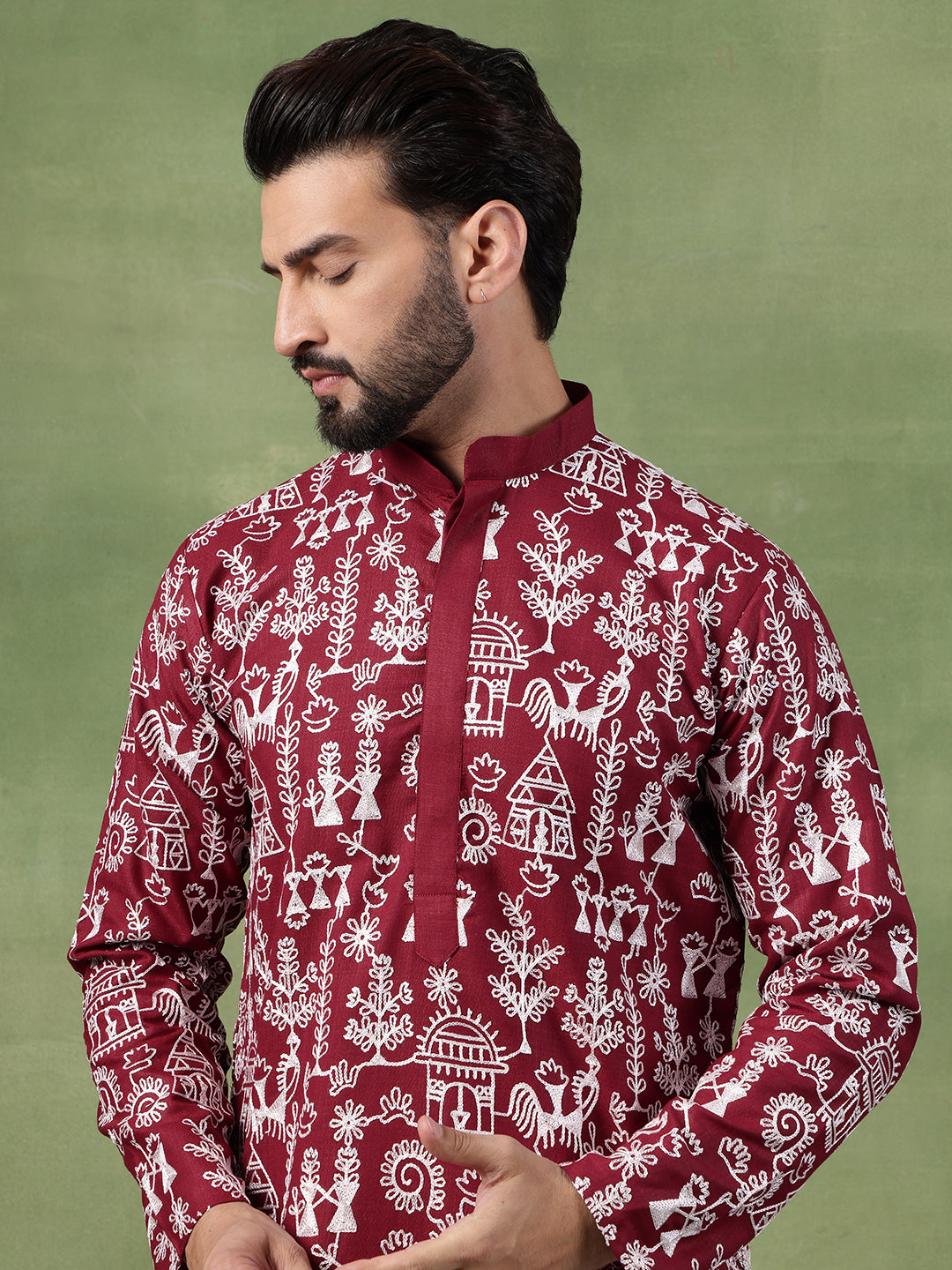 Men's Cotton Warli Embroidered Maroon Kurta With White Pyjama