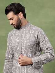 Men's Cotton Warli Embroidered Grey Long Kurta