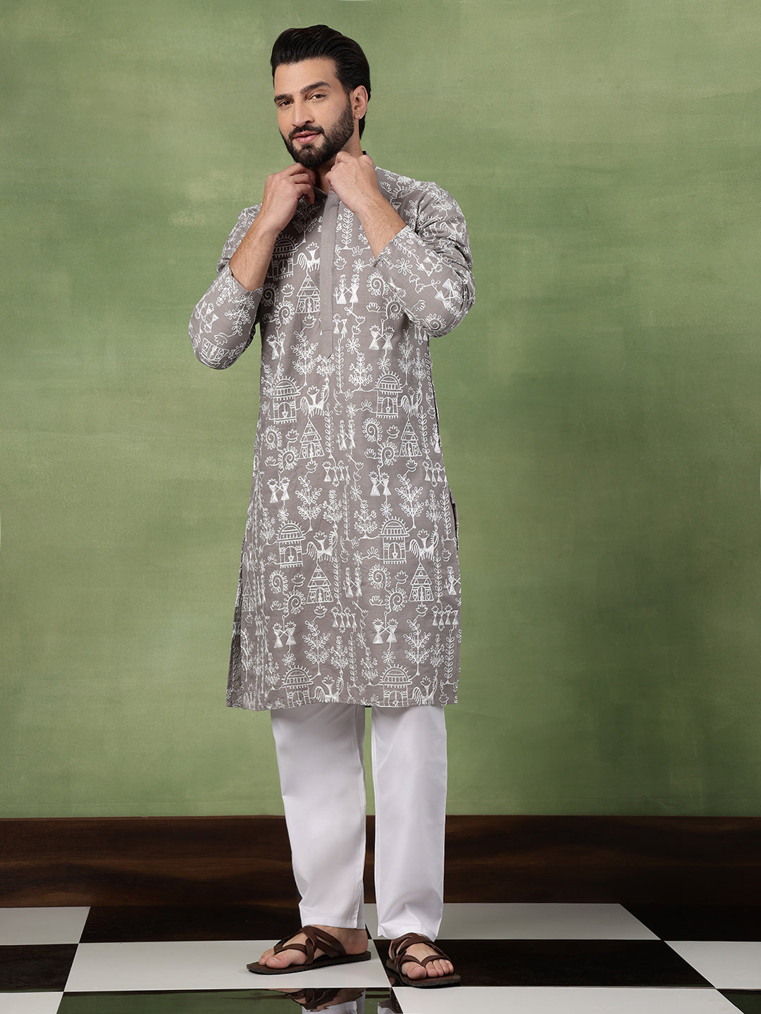 Men's Cotton Warli Embroidered Grey Long Kurta