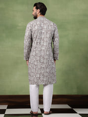 Men's Cotton Warli Embroidered Grey Long Kurta