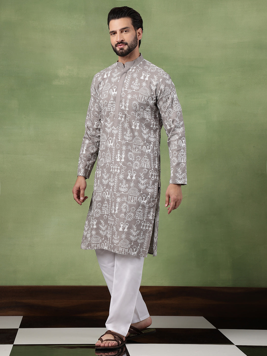 Men's Cotton Warli Embroidered Grey Long Kurta