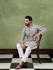 Men's Cotton Warli Embroidered Grey Kurta With White Pyjama