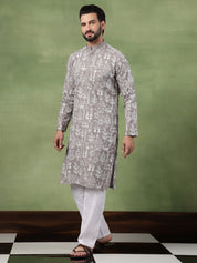 Men's Cotton Warli Embroidered Grey Kurta With White Pyjama