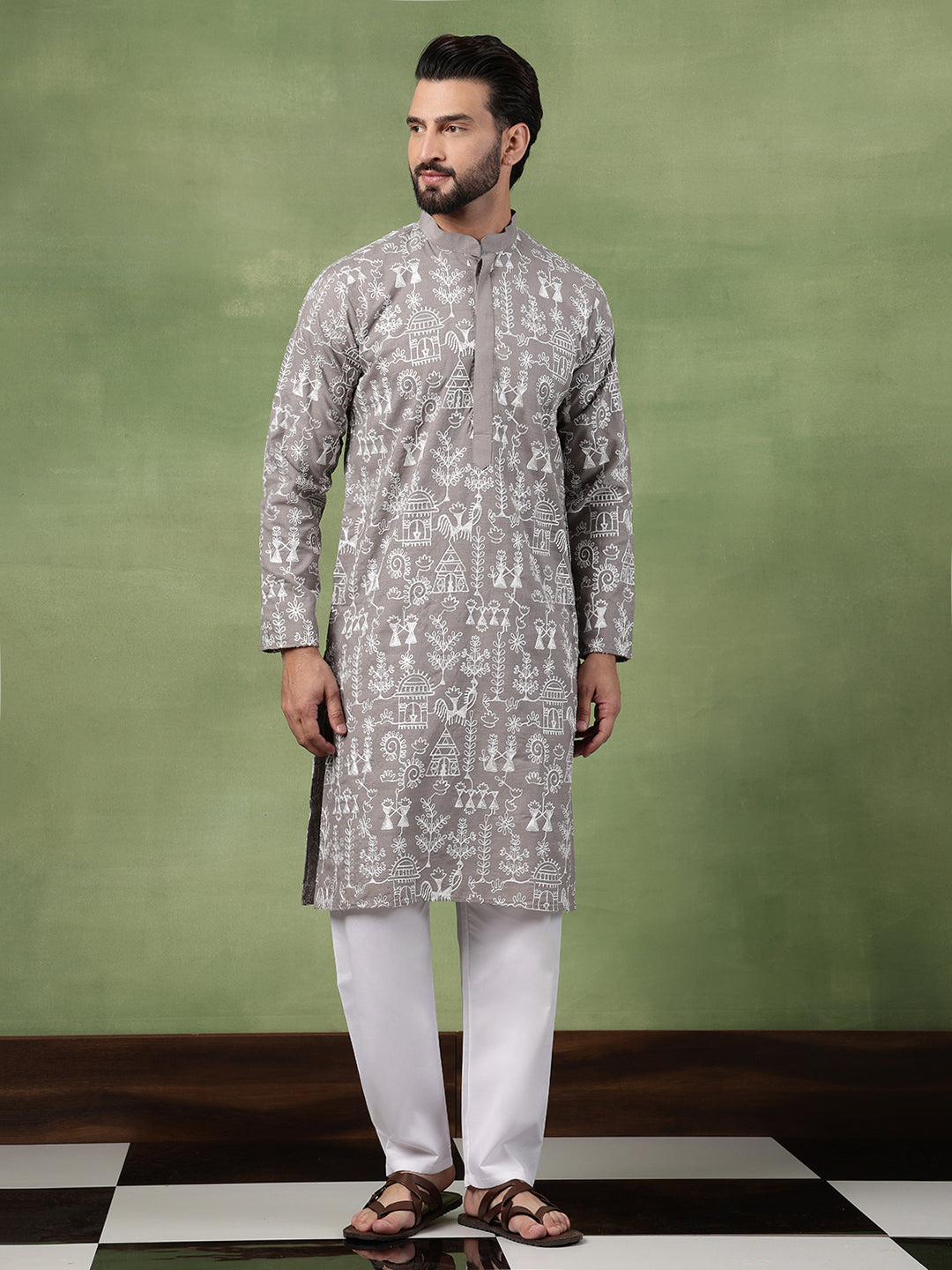 Men's Cotton Warli Embroidered Grey Kurta With White Pyjama
