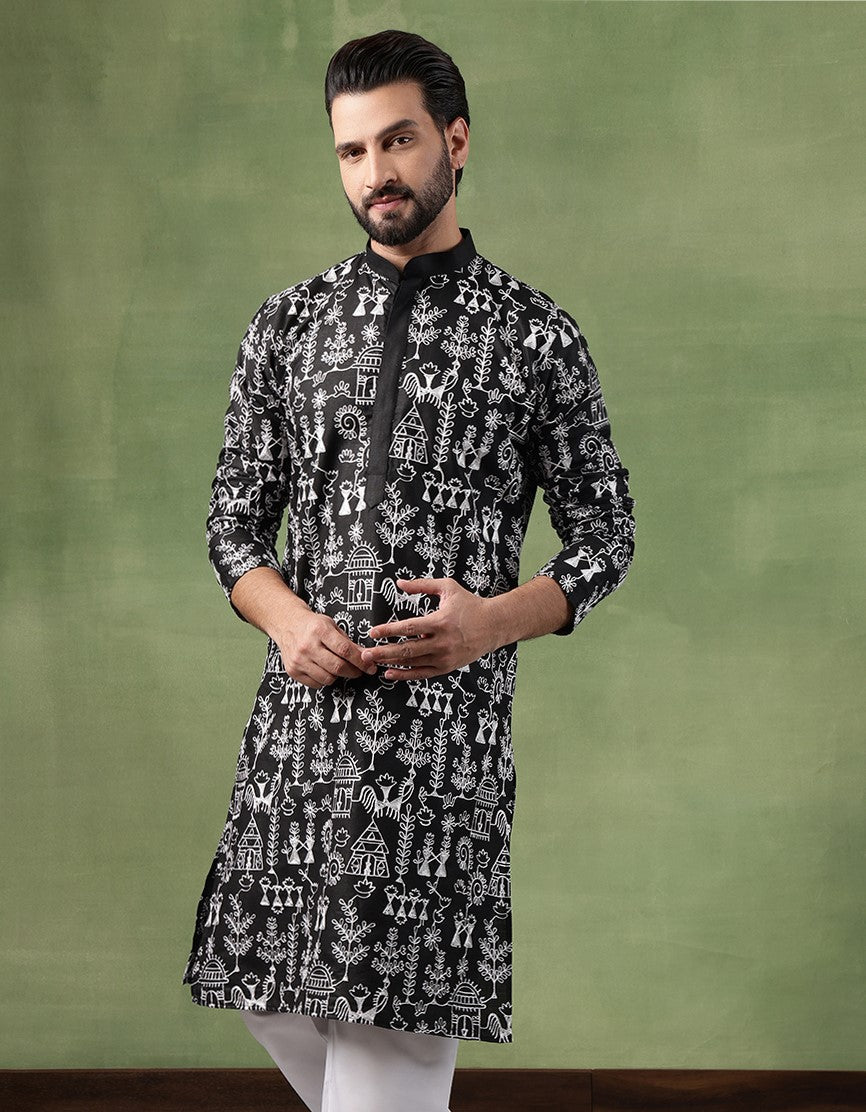 Men's Cotton Warli Embroidered Black Long Kurta