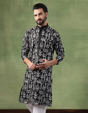 Men's Cotton Warli Embroidered Black Long Kurta