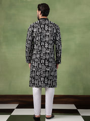 Men's Cotton Warli Embroidered Black Long Kurta