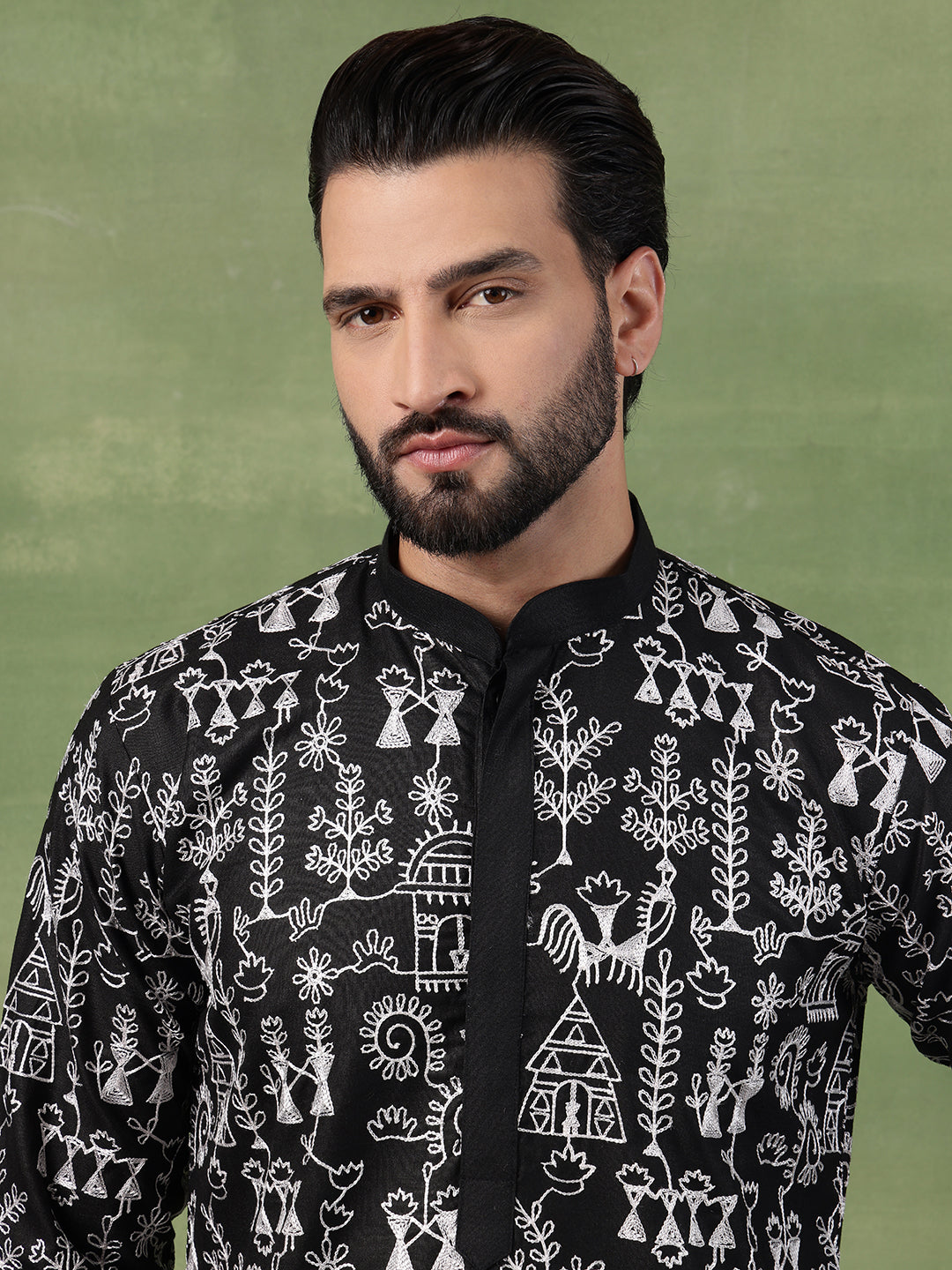 Men's Cotton Warli Embroidered Black Long Kurta