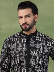 Men's Cotton Warli Embroidered Black Long Kurta