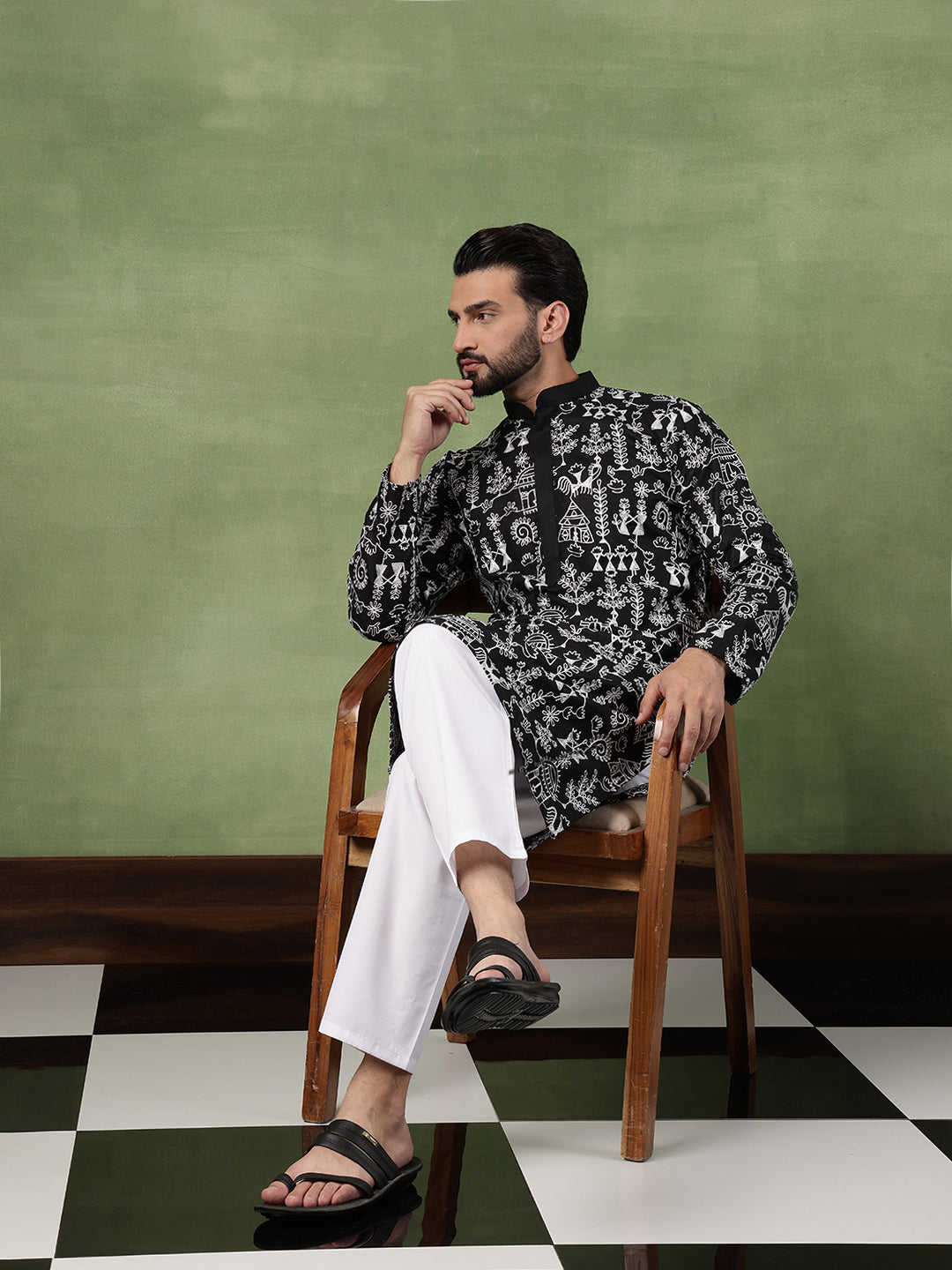 Men's Cotton Warli Embroidered Black Long Kurta