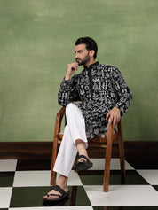 Men's Cotton Warli Embroidered Black Long Kurta