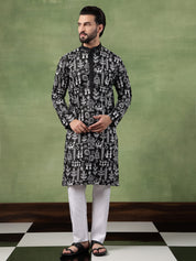 Men's Cotton Warli Embroidered Black Long Kurta
