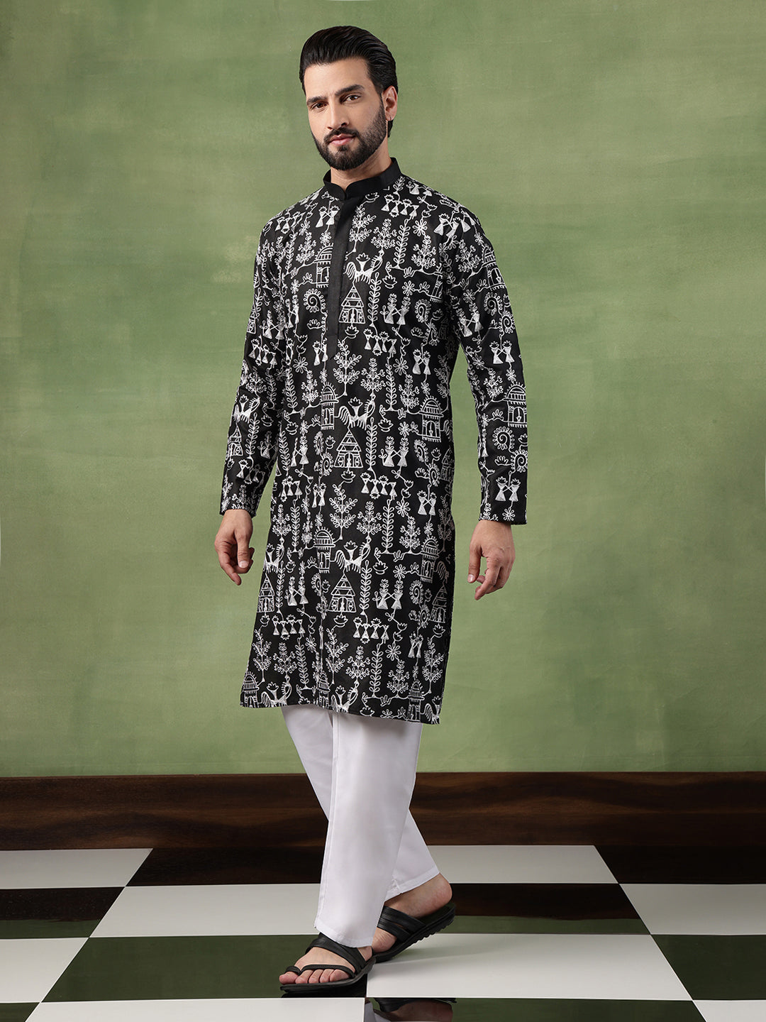 Men's Cotton Warli Embroidered Black Kurta With White Pyjama