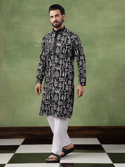 Men's Cotton Warli Embroidered Black Kurta With White Pyjama