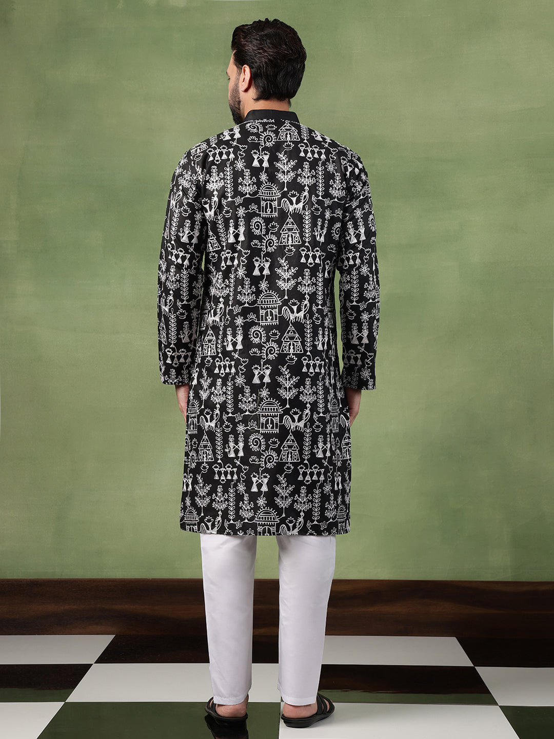 Men's Cotton Warli Embroidered Black Kurta With White Pyjama