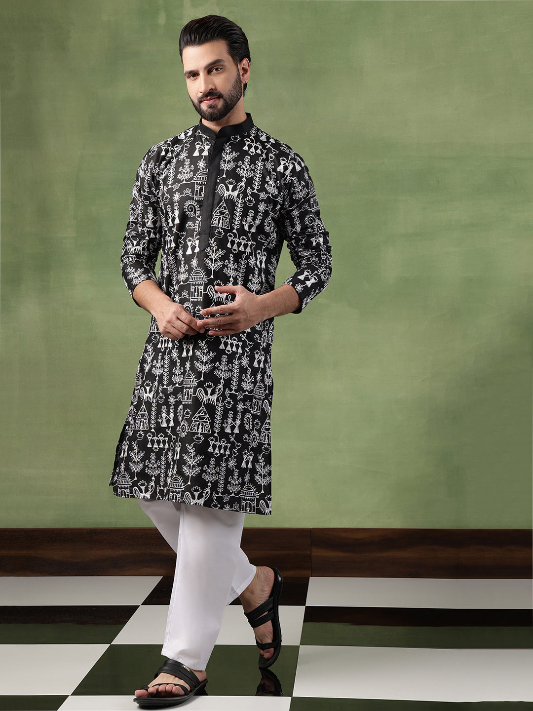 Men's Cotton Warli Embroidered Black Kurta With White Pyjama