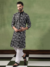 Men's Cotton Warli Embroidered Black Kurta With White Pyjama