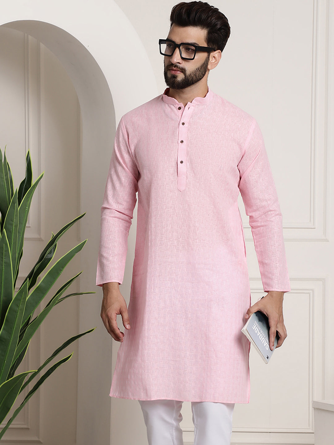 Men's Cotton Blend Checked Pink ONLY Long Kurta – Sojanya