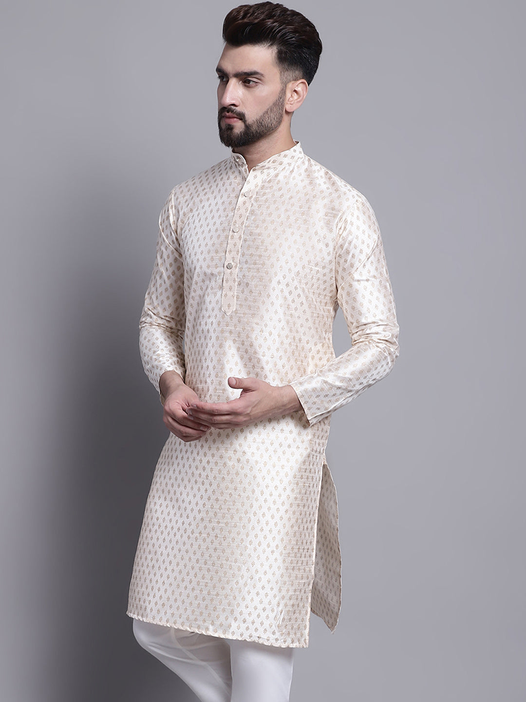 Men's Silk Blend Cream Printed Long Kurta