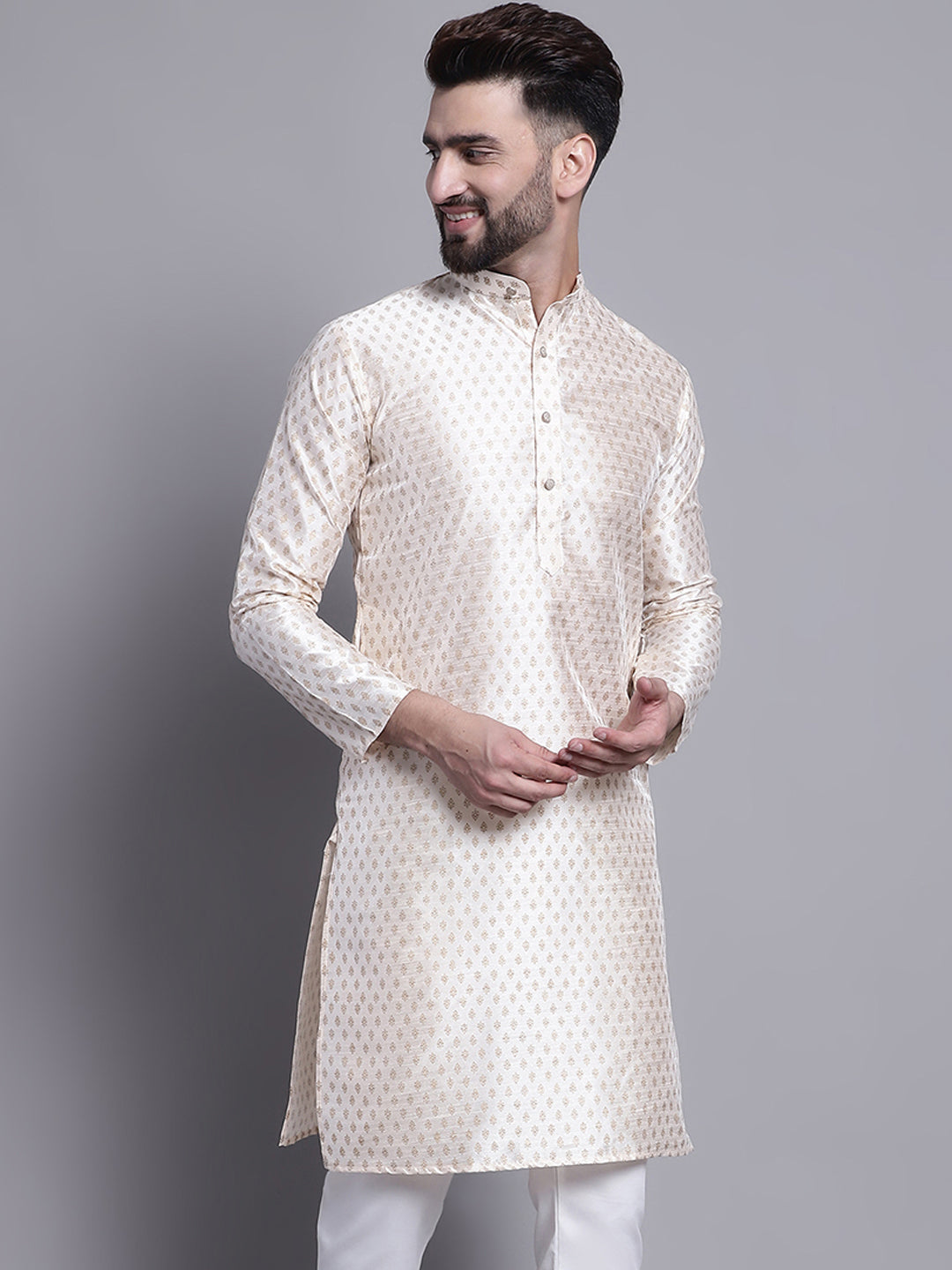 Men's Silk Blend Cream Printed Long Kurta