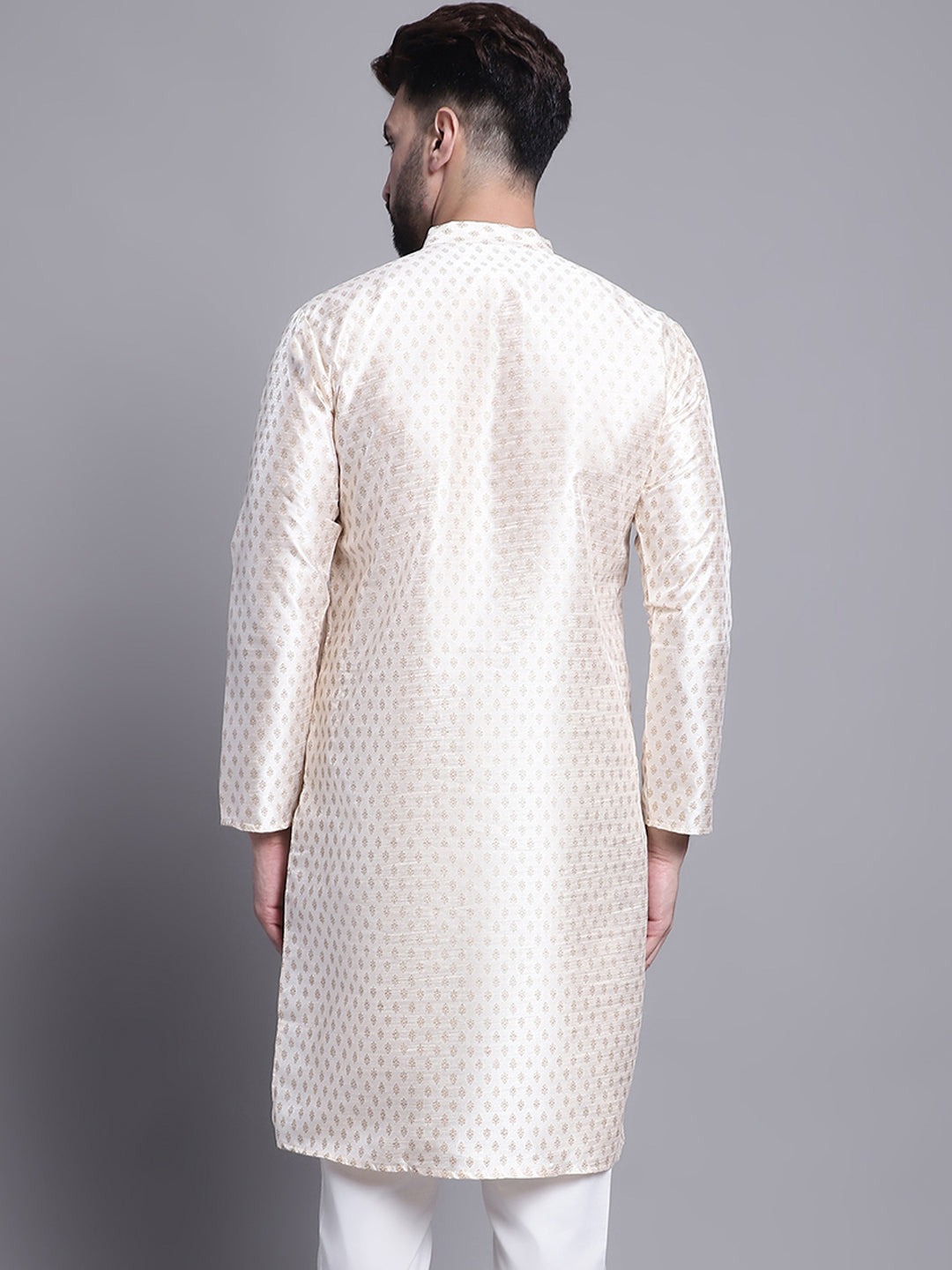 Men's Silk Blend Cream Printed Long Kurta