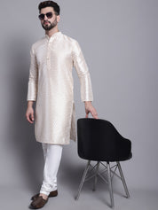 Men's Silk Blend Cream Printed Long Kurta