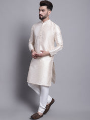 Men's Silk Blend Cream Printed Kurta and Off White Pyjama Set