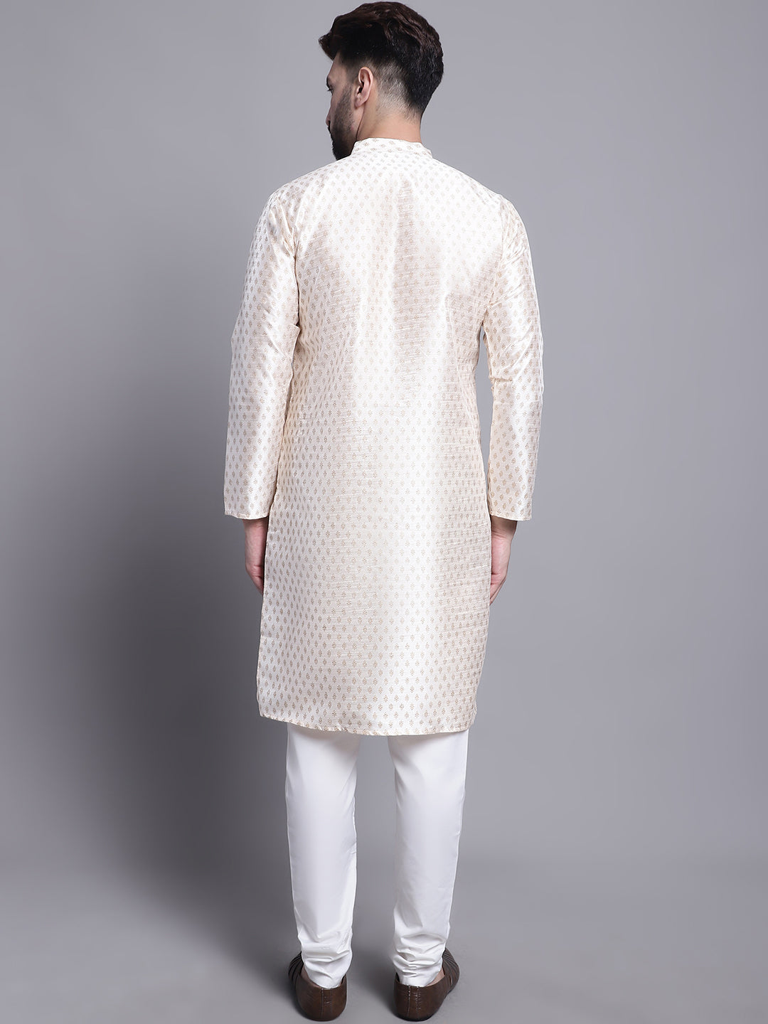 Men's Silk Blend Cream Printed Kurta and Off White Pyjama Set