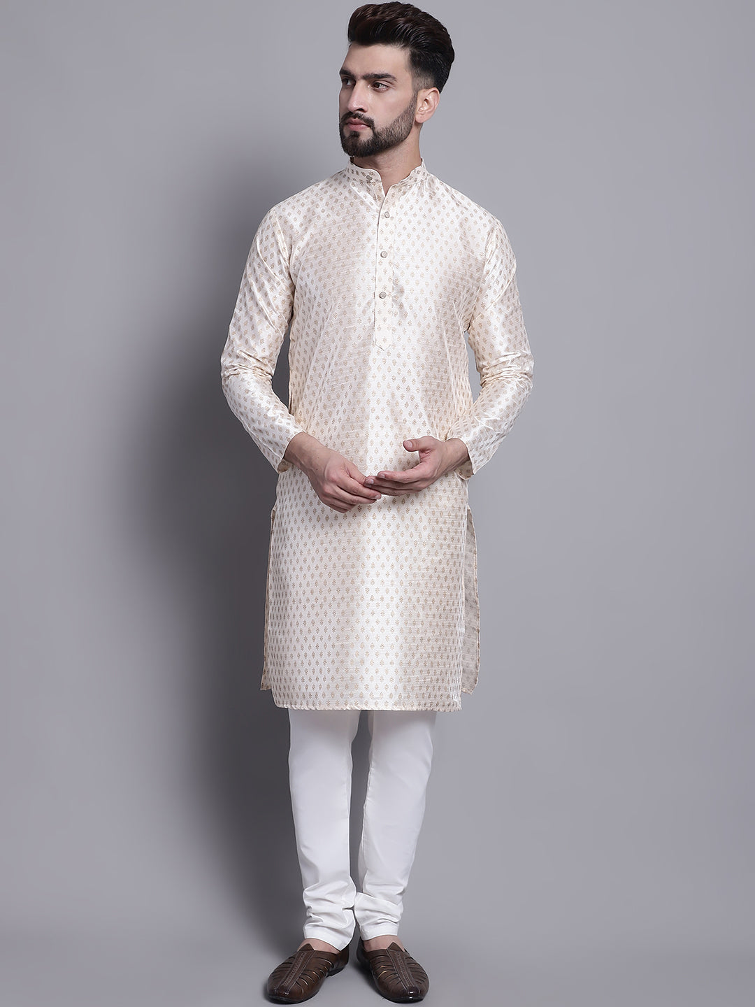 Men's Silk Blend Cream Printed Kurta and Off White Pyjama Set