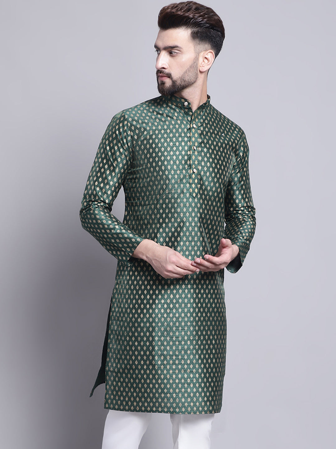 Men's Silk Blend Dark Green Printed Long Kurta