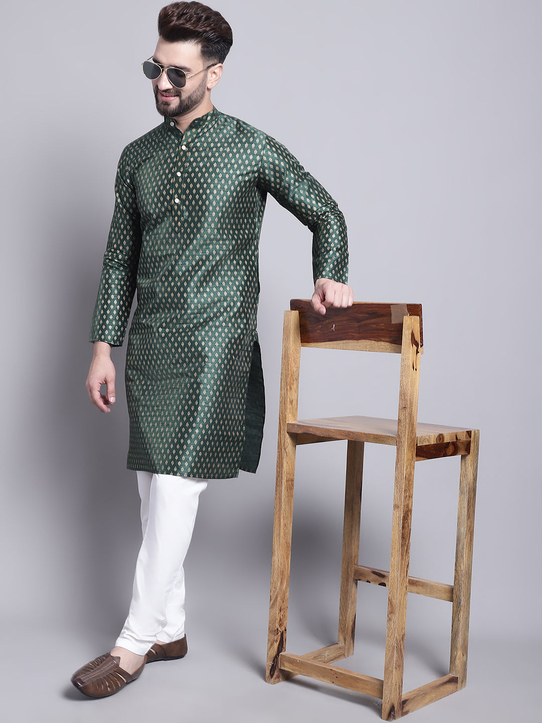 Men's Silk Blend Dark Green Printed Kurta and Off White Pyjama Set