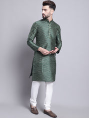 Men's Silk Blend Dark Green Printed Kurta and Off White Pyjama Set