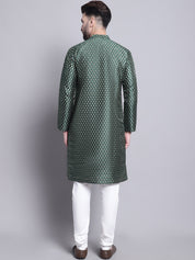 Men's Silk Blend Dark Green Printed Kurta and Off White Pyjama Set