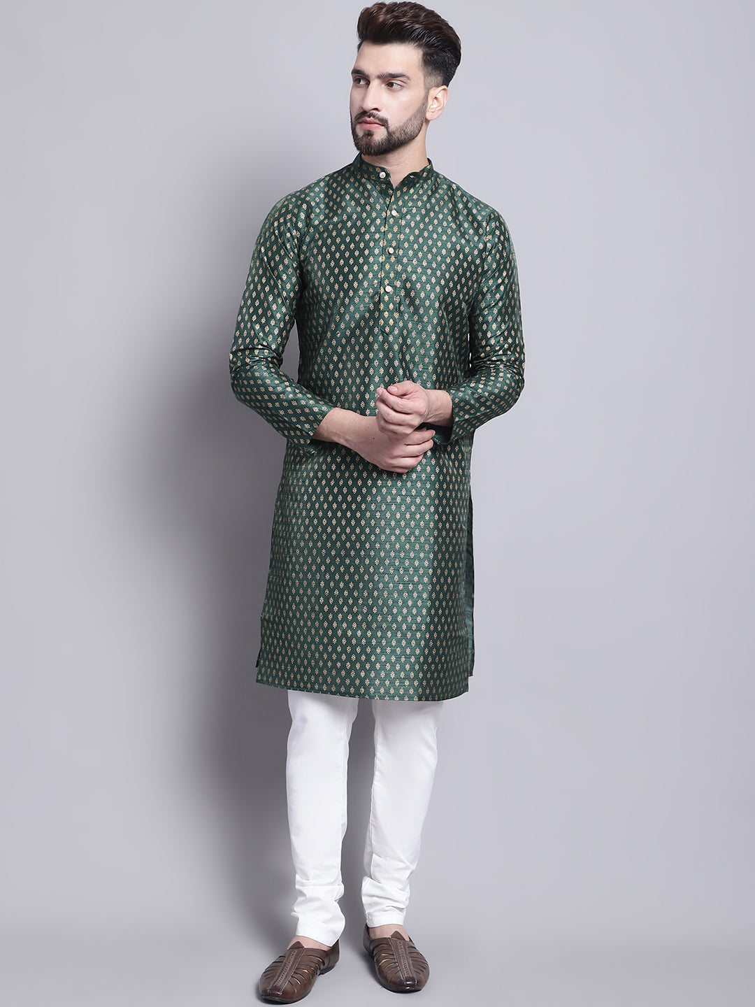 Men's Silk Blend Dark Green Printed Kurta and Off White Pyjama Set