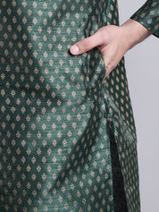 Men's Silk Blend Dark Green Printed Kurta and Off White Pyjama Set