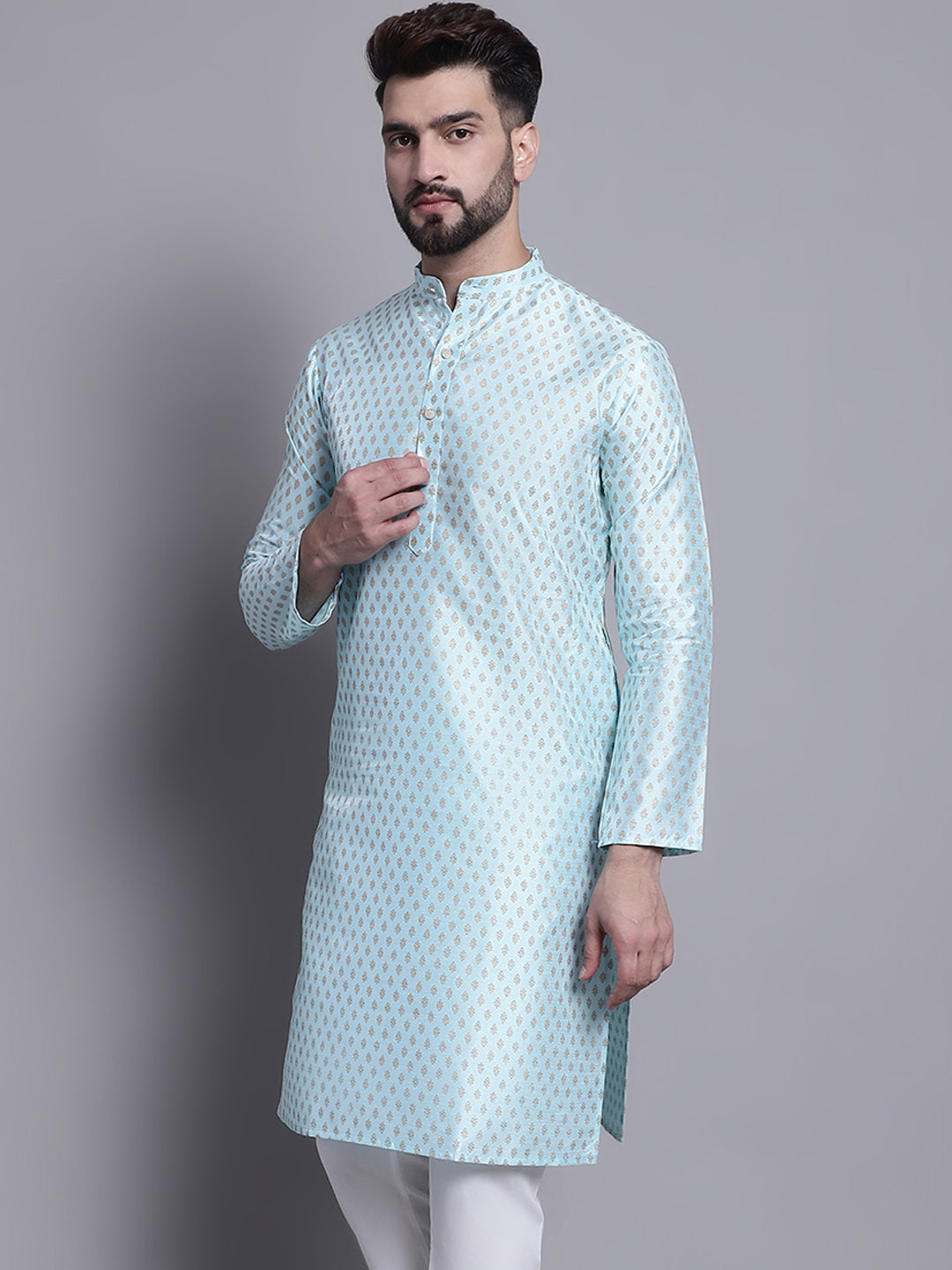 Men's Silk Blend Sky Blue Printed Long Kurta