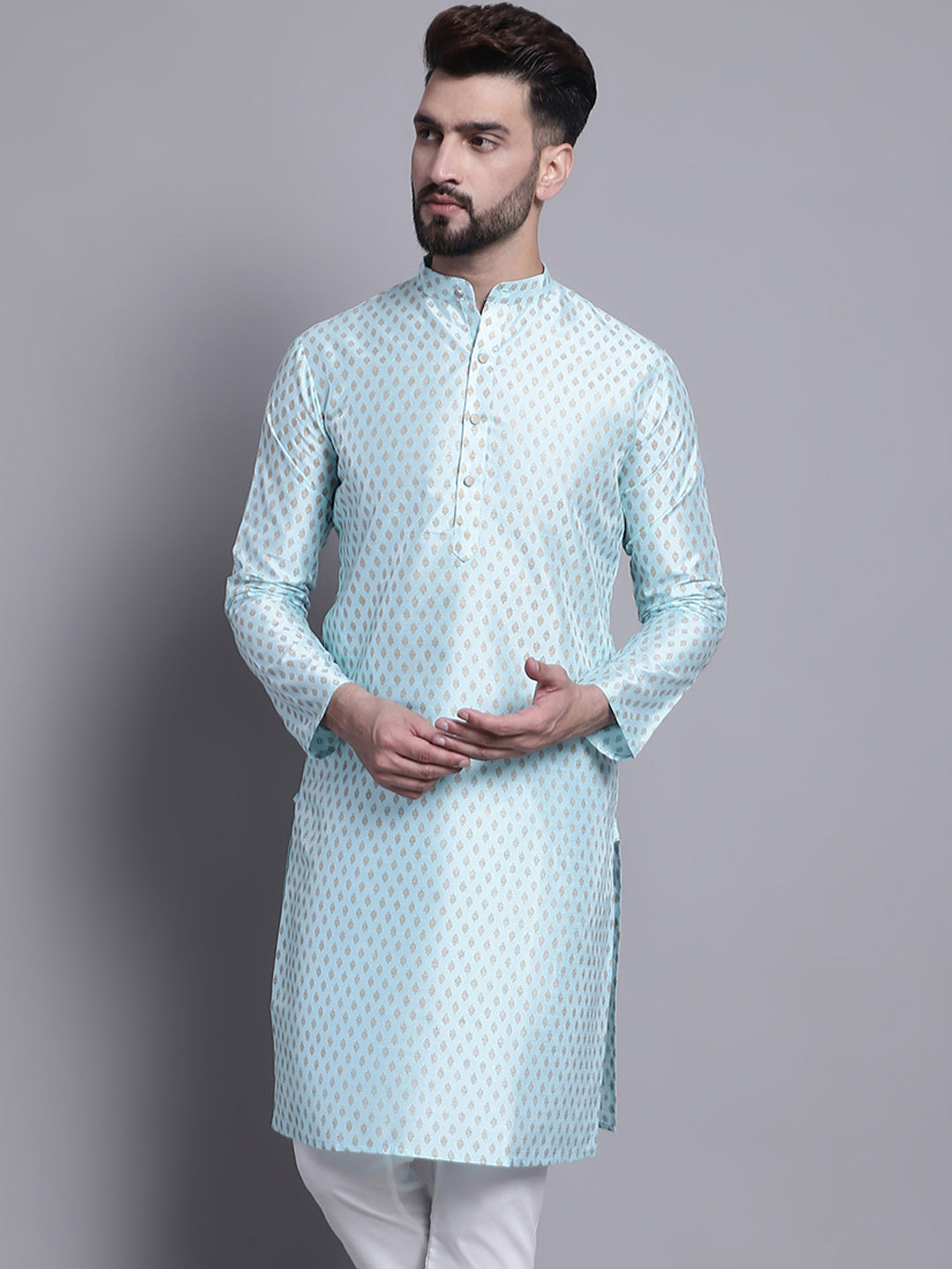 Men's Silk Blend Sky Blue Printed Long Kurta