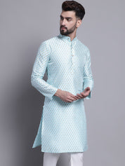 Men's Silk Blend Sky Blue Printed Long Kurta