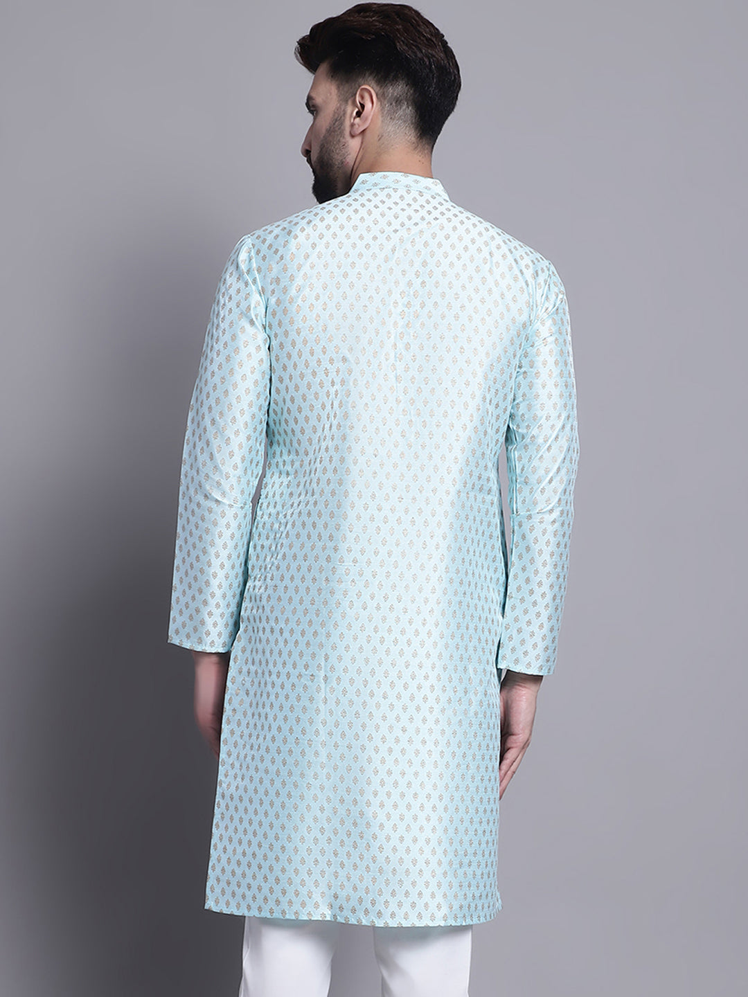 Men's Silk Blend Sky Blue Printed Long Kurta