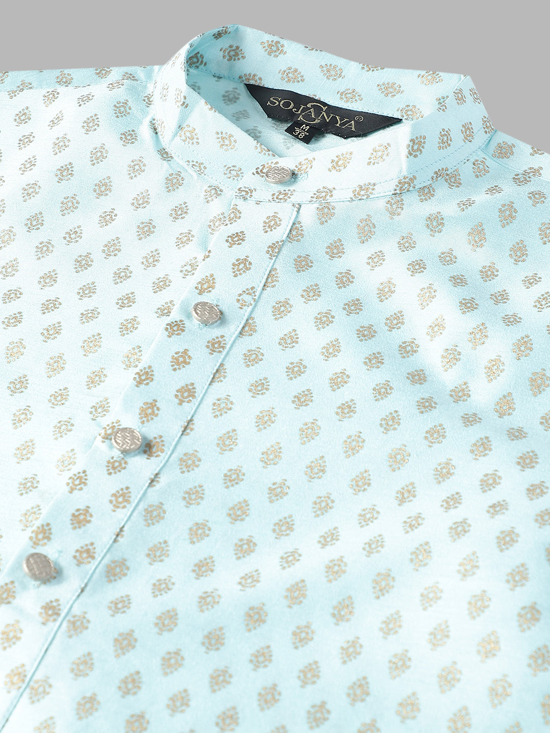 Men's Silk Blend Sky Blue Printed Long Kurta