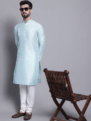 Men's Silk Blend Sky Blue Printed Long Kurta