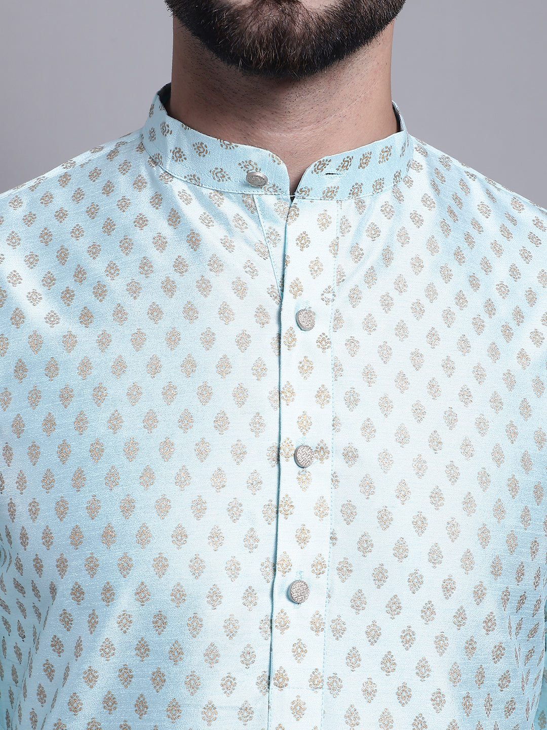 Men's Silk Blend Sky Blue Printed Long Kurta