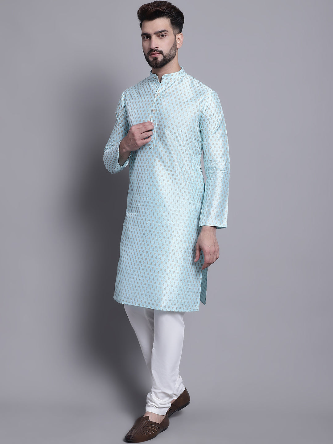 Men's Silk Blend Sky Blue Printed Kurta and Off White Pyjama Set