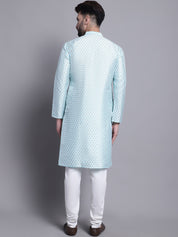 Men's Silk Blend Sky Blue Printed Kurta and Off White Pyjama Set