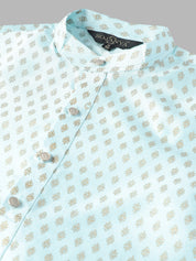 Men's Silk Blend Sky Blue Printed Kurta and Off White Pyjama Set